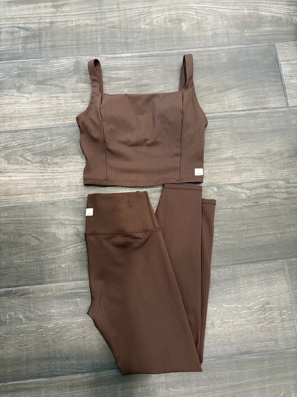 Vuori Ribbed Crop Tank and Leggings Set in Brown